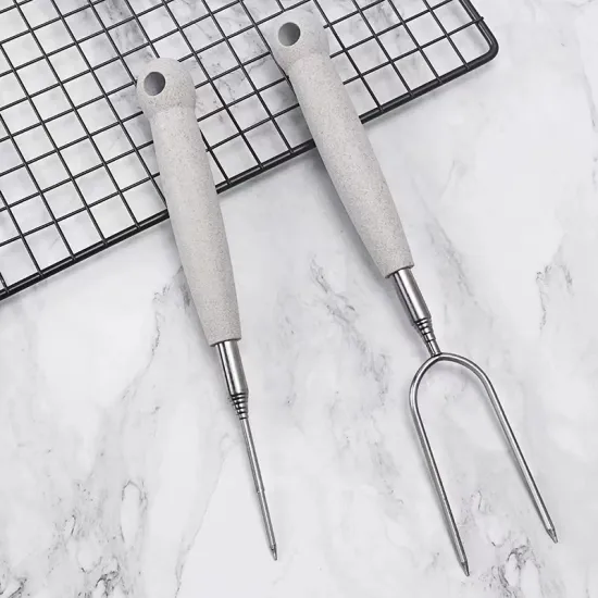 Outdoor BBQ stainless steel telescopic barbecue fork U-shaped wooden handle marshmallow stick barbecued barbecue sticks