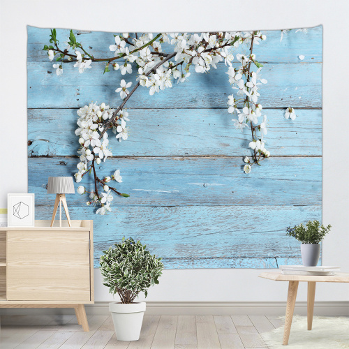 Vintage Planks with White Flower Tapestry Wall Hanging Wooden Board Sky Blue Wall Tapestry Nature Spring for Livingroom Bedroom