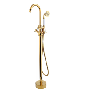Grifo de bañera independiente montado en suelo dorado sólido de alta calidad con ducha de mano