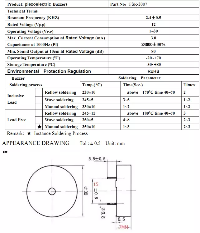 30x7mm Piezoelectric Trasducer Buzzer 12V 