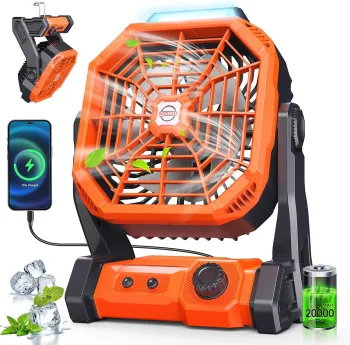 Rechargeable Camping Lantern and Fan: 20000mAh Portable Tent Cooler with LED Light and Dual Motor Hang Hook