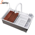Samto White Kitchen Sink with Glass Rinser, Smart Multifunction, Modern Black Finish, Stainless Steel Construction and Waterfall