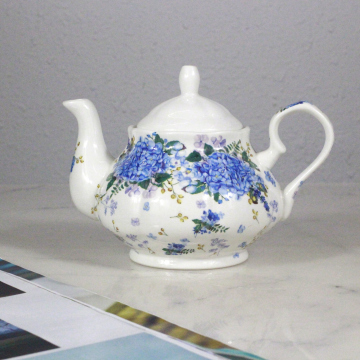 European Style 980ml Bone China Coffee Teapot with Custom Blue Flower Design