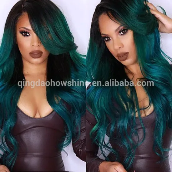 Ombre 1b green body wave brazilian human hair lace front wigs with bangs