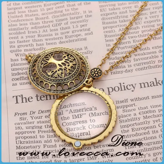 Long chain hollow locket pendant magnifier glass reading necklace