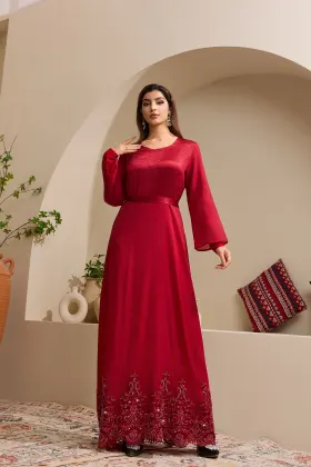 Burgundy Beaded Embroidered Hem Abaya