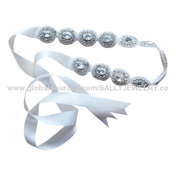 Thin White Ribbon Bridal Sashes, Made of Glass Beads, Rhinestone and Ribbon