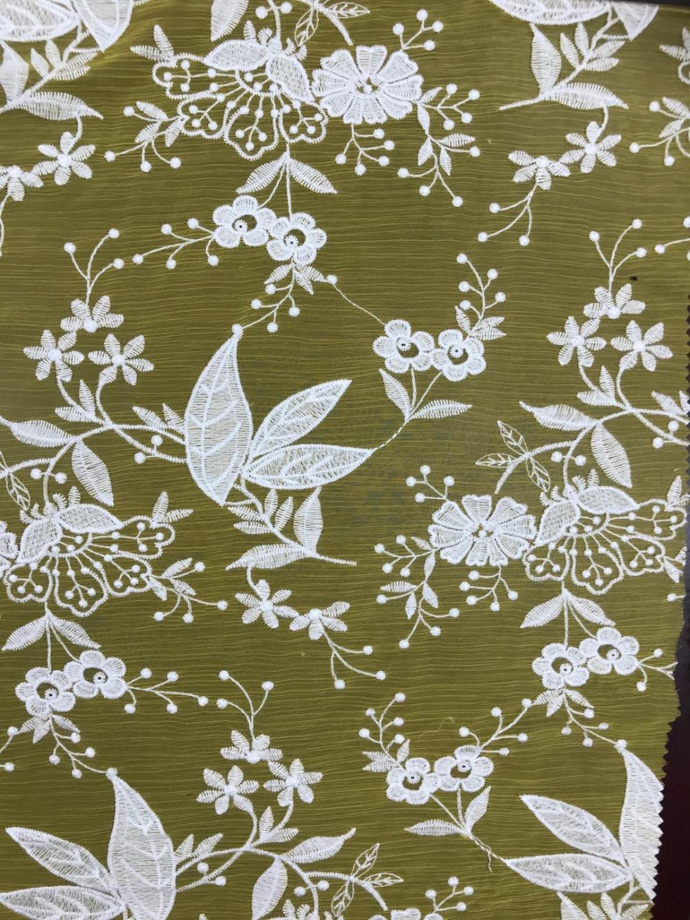 White flowers orange background Chiffon Embroider Fabric