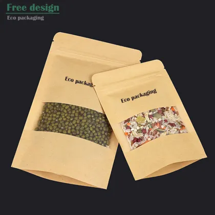 Kraft Coarse Grains Paper Bags with Window and Zipper for Various Food Storage
