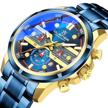 Top Brand Luxury Olense 9001: Stylish Blue Glass Men's Watch with Waterproof Sports Chronograph and Date Feature, Crafted in Stainless Steel and Quartz Movement