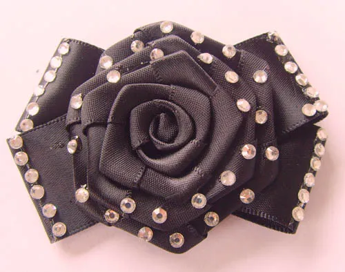 Lady`s Black Dress Shoes Flats Fabric Flower with Rose Flower Center
