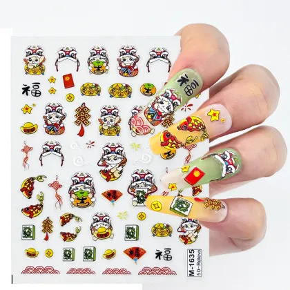 Custom OEM Chinoiserie Nail Stickers with Chinese Lion Dance Design