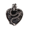 Black Obsidian Heart Antique Silver Dragon Gemstone Pendant (32x42mm) for DIY Making Jewelry