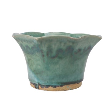 Antique Pottery Bowl Dark Green Flower Edges Vintage Flower Pot