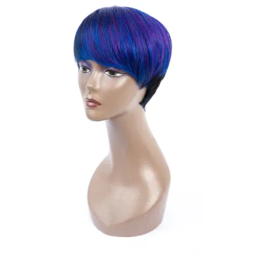 P Color Blue Purple Three Tones Mix Color Hair Short Straight Woman Beautiful Virgin Human Hair Wig