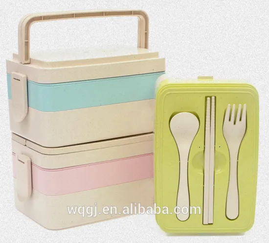 High Quality Wheat Straw Three Layers Tableware Portable Lunch Box Colorful Environmental Bento with Fork and Spoon Set