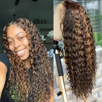 Natrual Black Blonde Highlights Wig Mix Color Deep Wave Curly Pre Plucked HD Transparent Lace Front Raw Virgin Human Hair Wigs