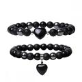 2 PC A Set Gemstone Round Pärlor med hjärta charm armband svart matt onyx sten stretch armband naturlig sten kristall armband