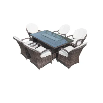 Modern Rattan Outdoor Firepit Dining Set - Aluminum Garden Furniture