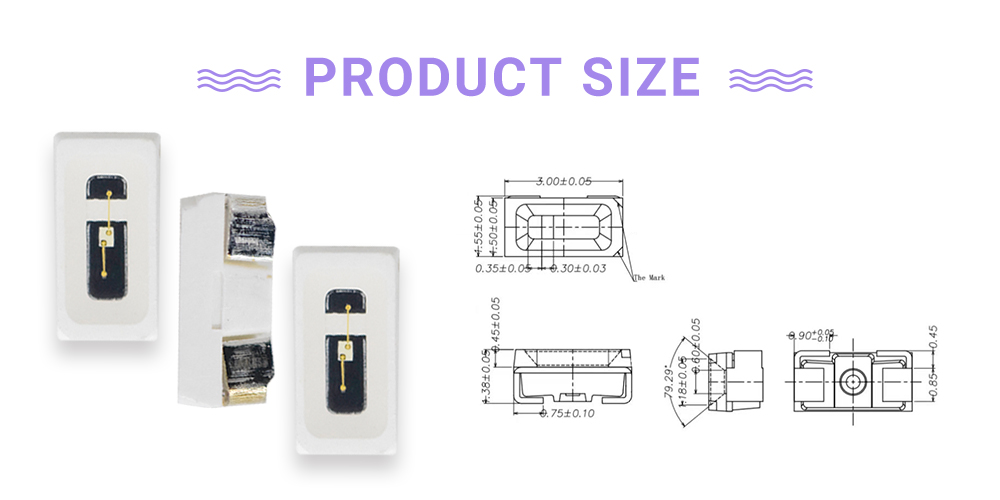 Size of 3015FVC37P1L16 365 nm LED Emitters 3014 Side Emitting LED