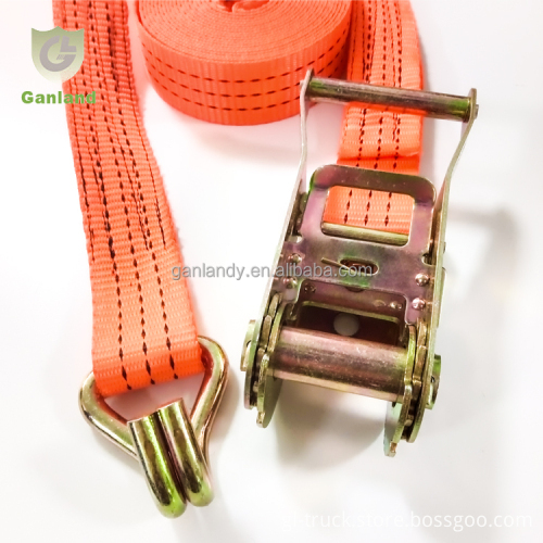 35mm Ratchet Tie Down Strap Set with Swan Neck Double J Hooks for Cargo Lashing