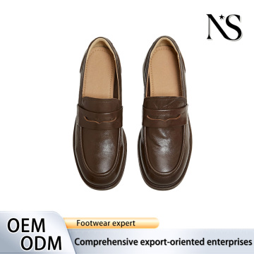 Brown Leather Block Heel Penny Loafers