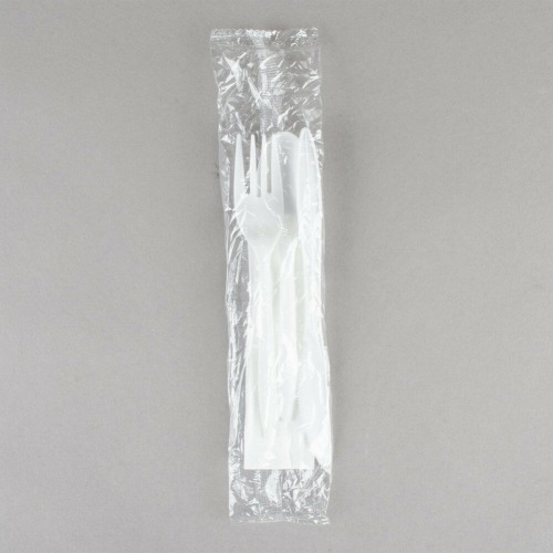 Meddium Weight White Plastic Cutlery Fork Spoon Set with Napkin Individually