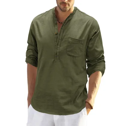 New Stand Up Collar Long Sleeved Cotton and Linen Men's Shirt