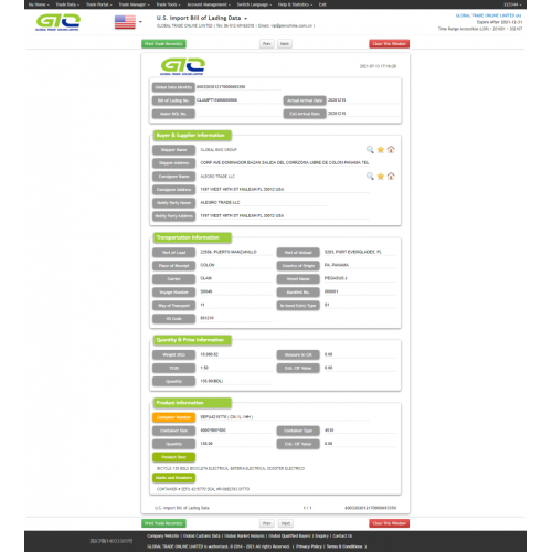 U.S. Import Custom Data of BATERIA