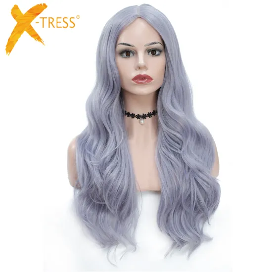 X-TRESS Synthetic Light Grey Blue Hair Wig For Women 26 Inch Wavy Wigs With Baby Hair Machine Made Heat Resistant Hair Wigs