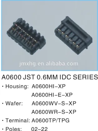 A0600 JST 0.6mm IDC, right angle/vertical wafer, terminal, replaces JST 0.6