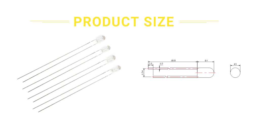 Size of 317UYC-10L86 3mm LED Long Leg 590nm Amber LED