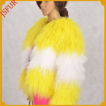 Bi-color Women Mongolian Fur Jacket Fashion Lady Coat