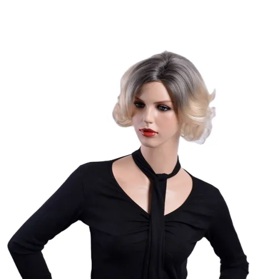 Wholesale  heat resistant mix silver-gray to blonde fluffy and curly short synthetic hair wigs  for women