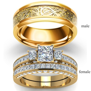 Gold Plated Crystal Square Cubic Zirconia Wedding Rings Set in Stainless Steel - Perfect for Couples