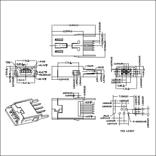 NUFS05 MINI USB B TYPE 5P Receptacle,Long body,Dip straight NUFS05 MINI USB B TYPE 5P Receptacle,Long body,Dip straight