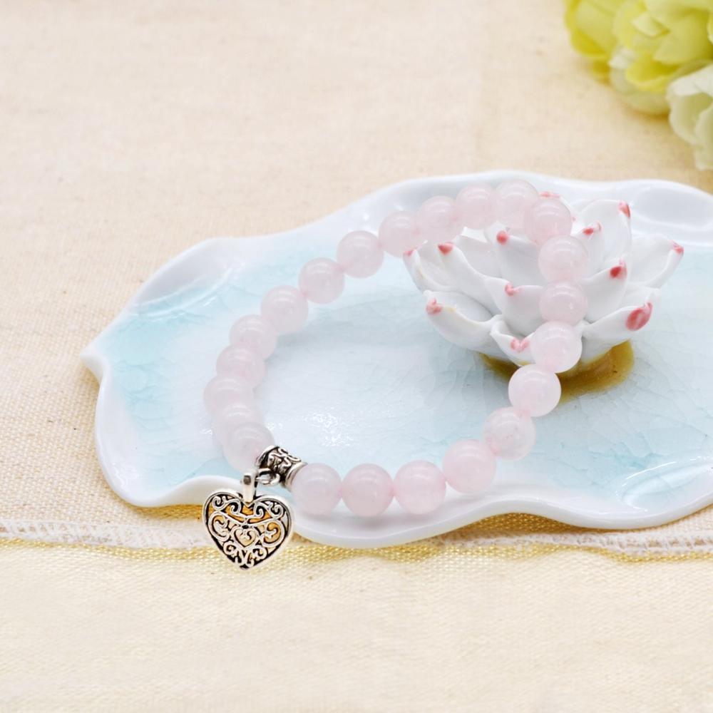 Bracelet de breloques de perles rondes de pierres précieuses naturelles de chakra de quartz de rose de 8MM avec coeur en alliage