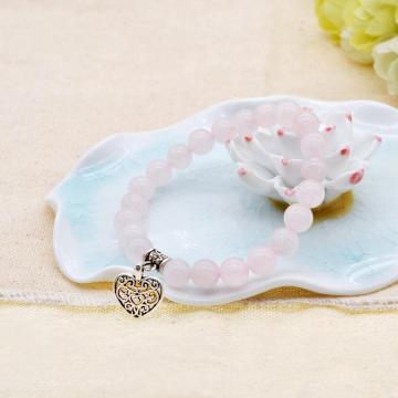 Natural Rose Quartz Chakra Gemstone 8MM Round Beads Charms Bracelet with Heart Alloy