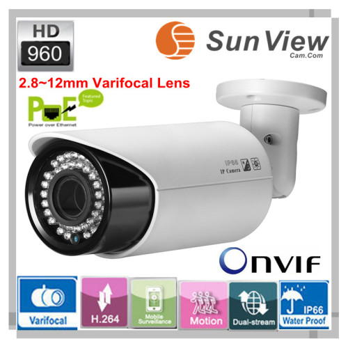 SunView 960P/2.0mp HD network vari-focal ip camera outdoor H.264 waterproof ip security camera with POE system (SV-B1342VPOE)
