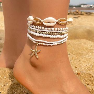 Summer Beach Gold Chain Beaded Multilayer Boho Starfish Anklet for Women and Girls