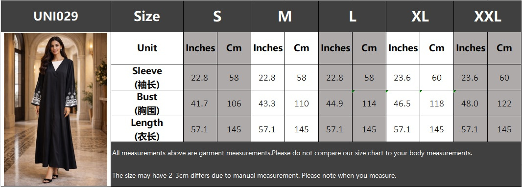 black silver embroidered abaya size chart
