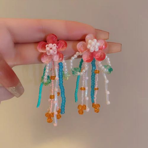Contrasting Flower Tassel Drop Earrings Trendy Accessories