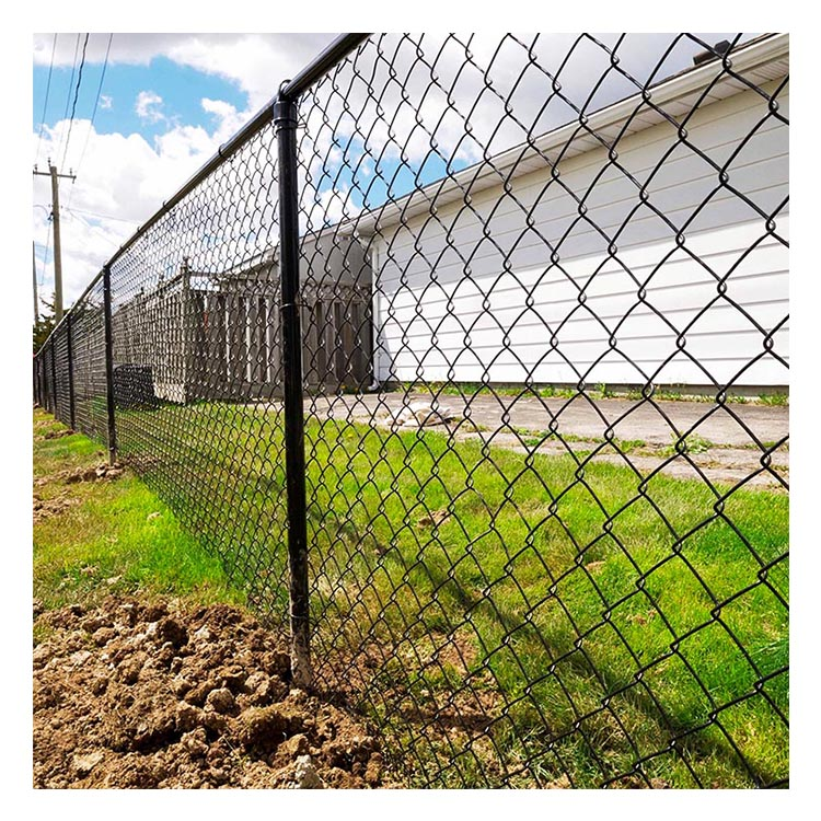 Chain link fencing installation with steel posts and tension bands, manufactured by ANJIA.