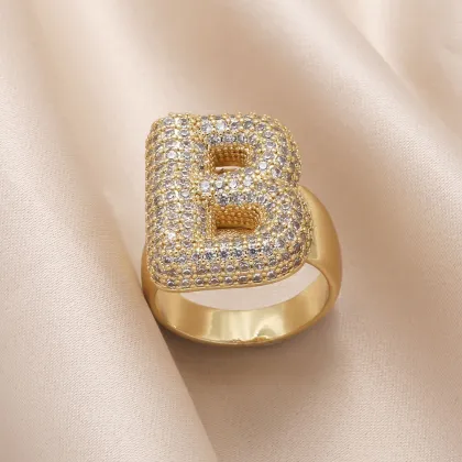 Copper Micro-Inlaid 26 English Letter Ring: Zircon Gold-Plated Open Ring for Women