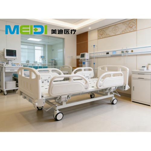 Punching Single Crank Hospital Bed, Grey Sticker Head&Foot Board, Three-Hollow, Four Guardrails, Central Control Brake