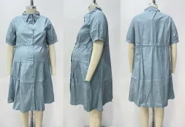 Blue Maternity Dress With Button and Elastic band