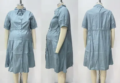 Denim Blue Maternity Dress With Collar