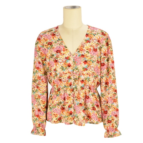 Оптовая дизайнерская летняя блузка с v-образным вырезом, модные женские топы с цветочным принтом и длинным рукавом