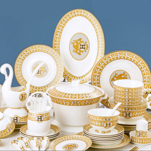 Gold Edge Dinnerware Home Gifts Set Bone Tableware Set Bowls and Dishes H Mosaic Supplier