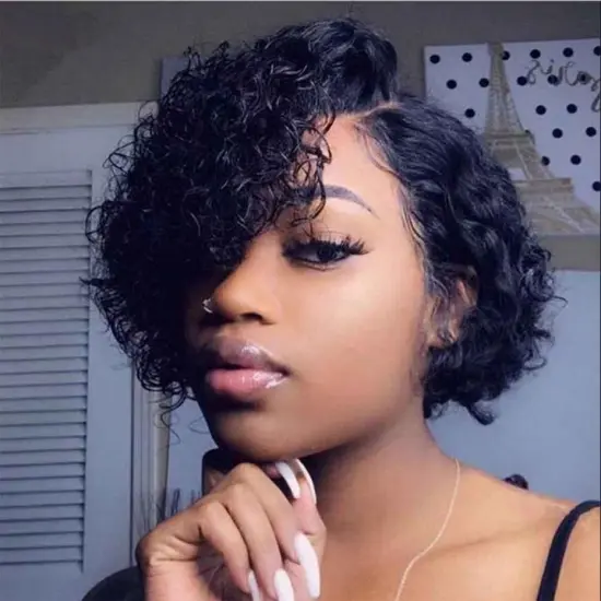 180% Density Short Pixie Cut Curly Wig Natural Black 13x4 Human Hair Pixie Bob Closure Wig With Bleached Knot For Women